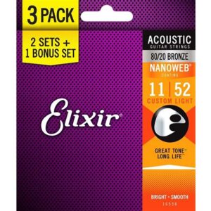 Elixir Strings Nanoweb 80/20 3 Pack Custom Acoustic Light 11-52